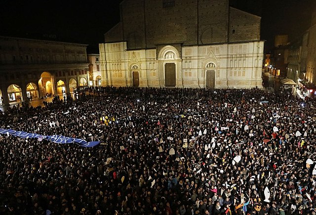 Flash mob in Bologna Italy in support of the pro-democracy Sardines movement