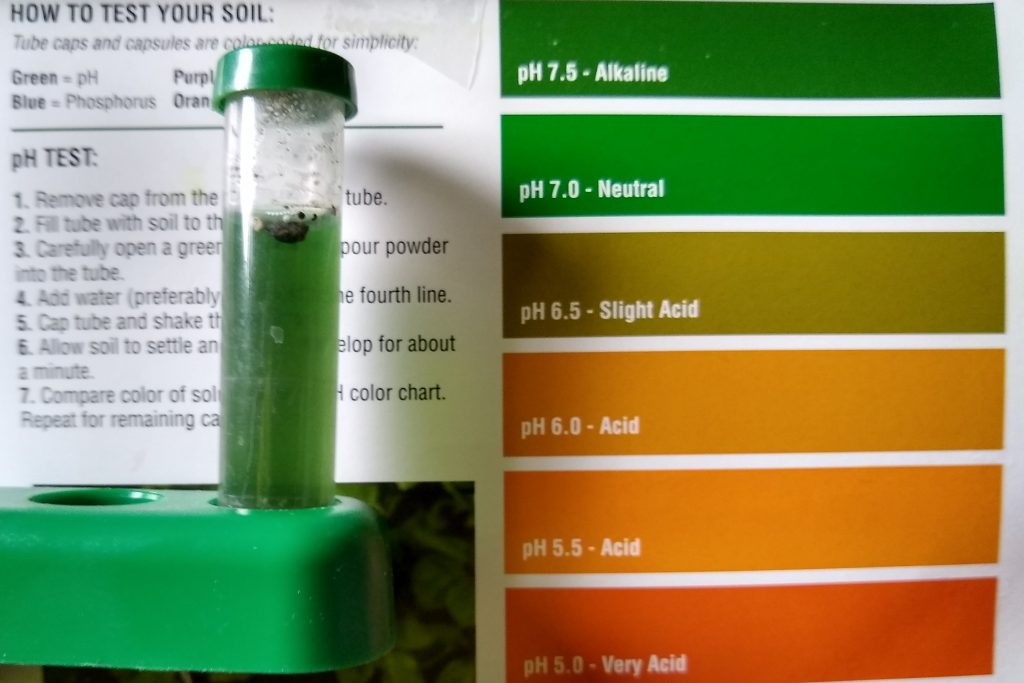 Soil sample in a test tube is compared with a chart of colors indicating pH.  The sample's color is a green between the 7 and 7.5 options in the chart