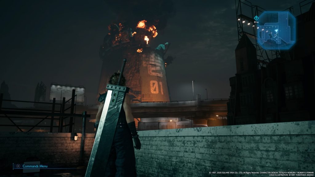 Cloud stands on a roof and sees a reactor on fire in the background